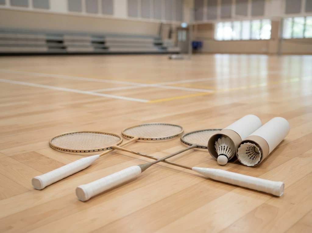Badminton racquets and shuttlecocks in a Singapore school hall