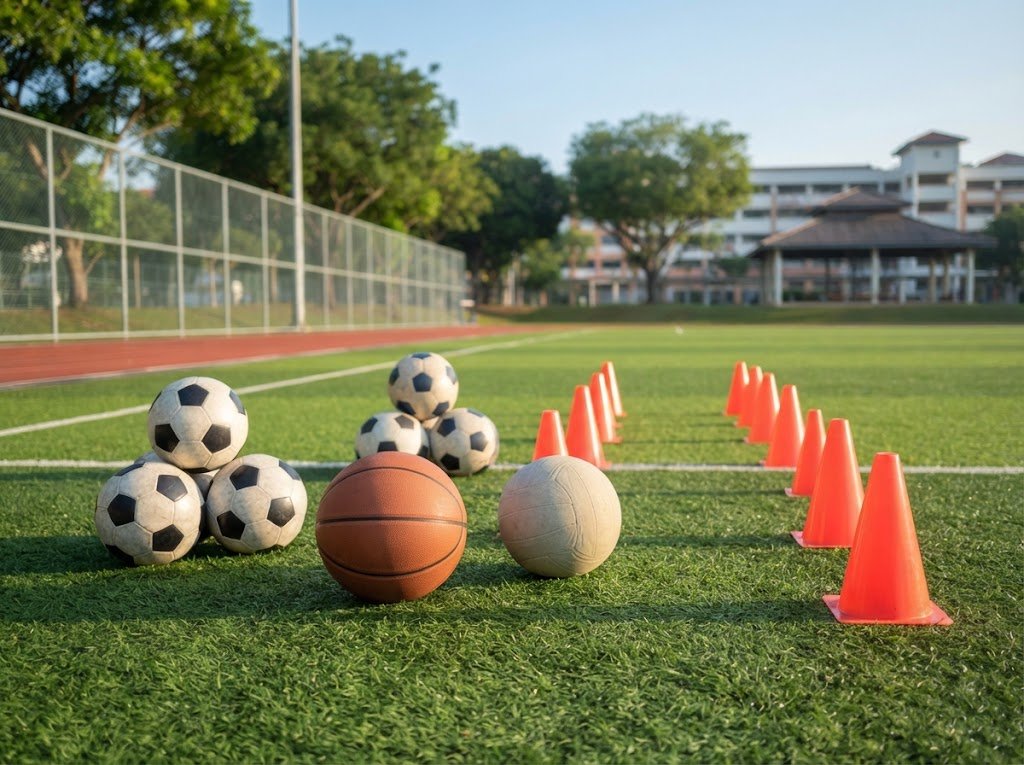 Footballs, basketballs and training cones on a Singapore school field