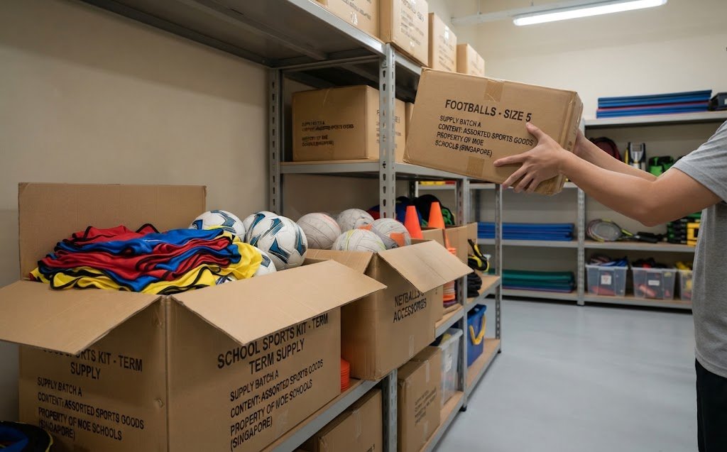 Cartons of sporting goods being restocked into a Singapore school PE store cupboard