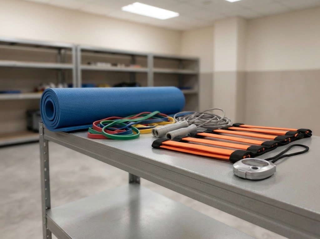 Training mats, resistance bands and skipping ropes in a Singapore PE store